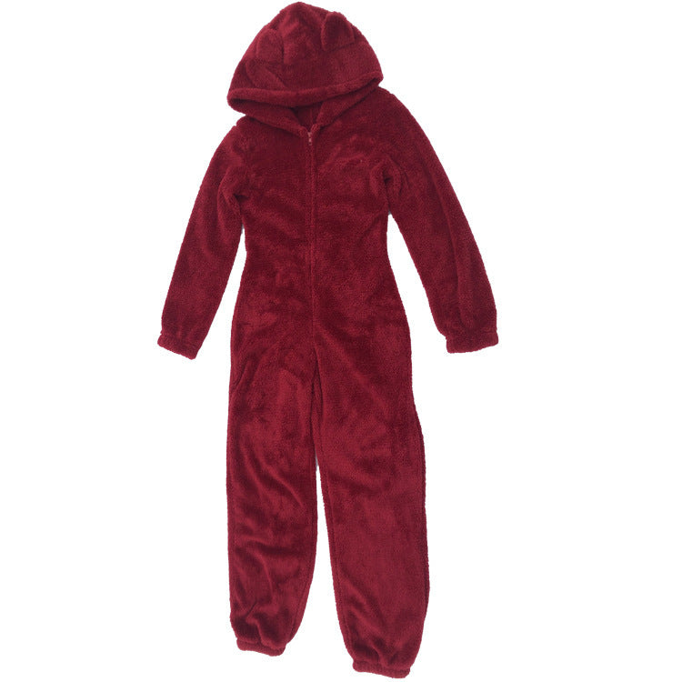 Fleece-lined Thickened Furry Jumpsuit Hooded Pajamas