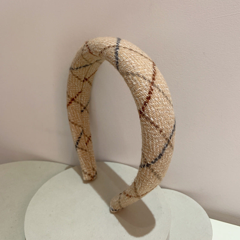 Gentle Temperament Warm Tone Plaid Woolen High Skull Top Sponge Headband