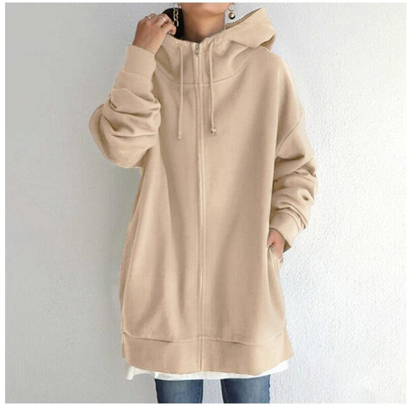 Oversized S-5XL Women Loose Hooded Coats Autumn Female Tie Collar Long Sleeve Zipper Up Add Velvet Long Sweatshirt