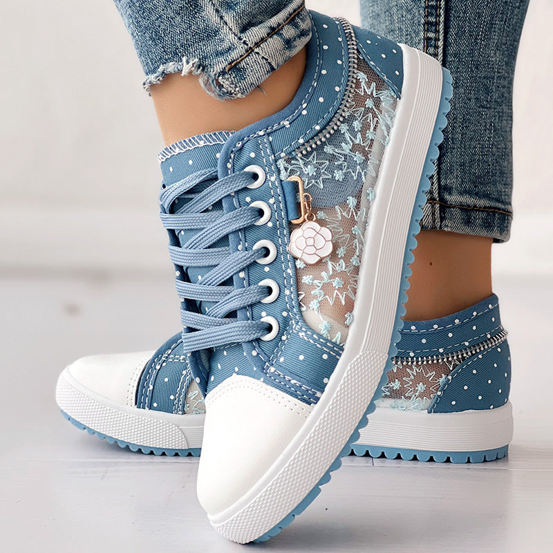 Floral Embroidered Polka Dot Print Sneakers