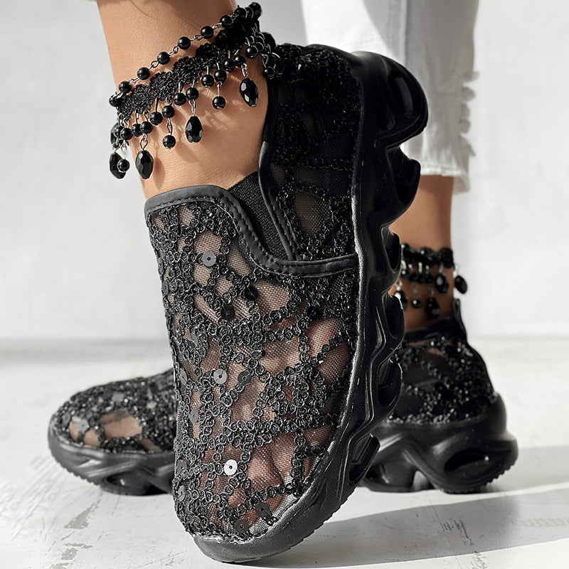 Contrast Glitter Transparent Mesh Patch Breathable Sneakers - Without Ankle Strap