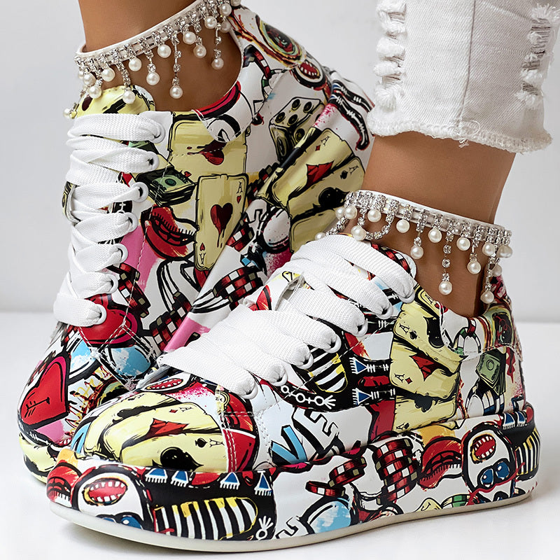 Women's Casual Round Toe Thick Sole Lace-Up Sneakers, Random Print Design, Comfortable Sporty Shoes For Daily Wear