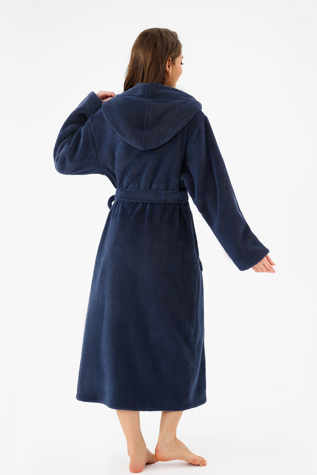 RONGTAI Womens Hooded Robe Long Plush Fleece Bathrobe With Pockets Nightwear S-XXL