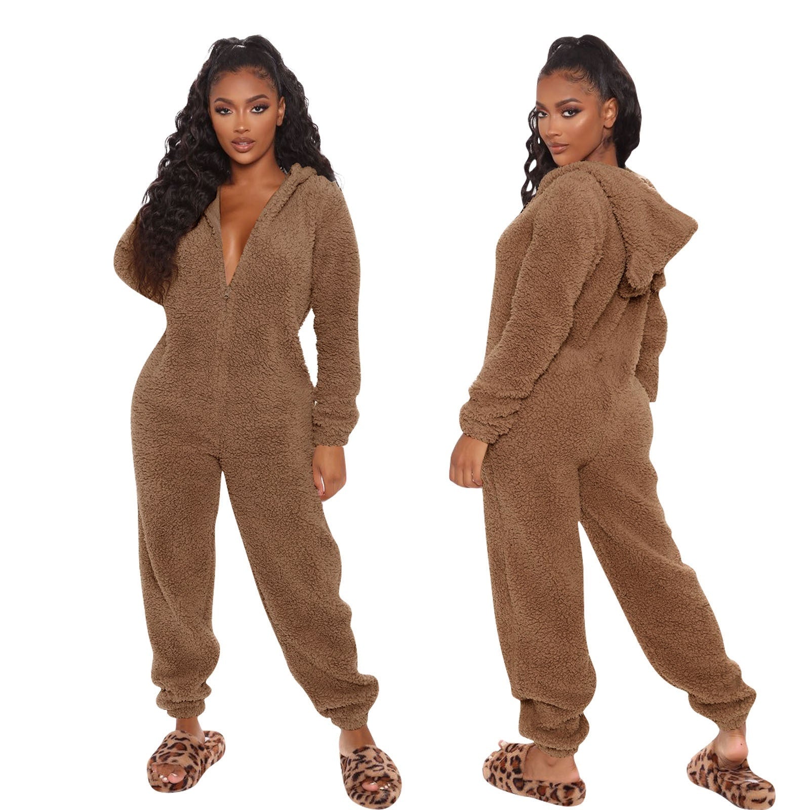 Fleece-lined Thickened Furry Jumpsuit Hooded Pajamas