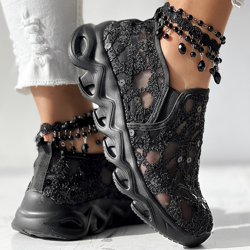 Contrast Glitter Transparent Mesh Patch Breathable Sneakers - Without Ankle Strap