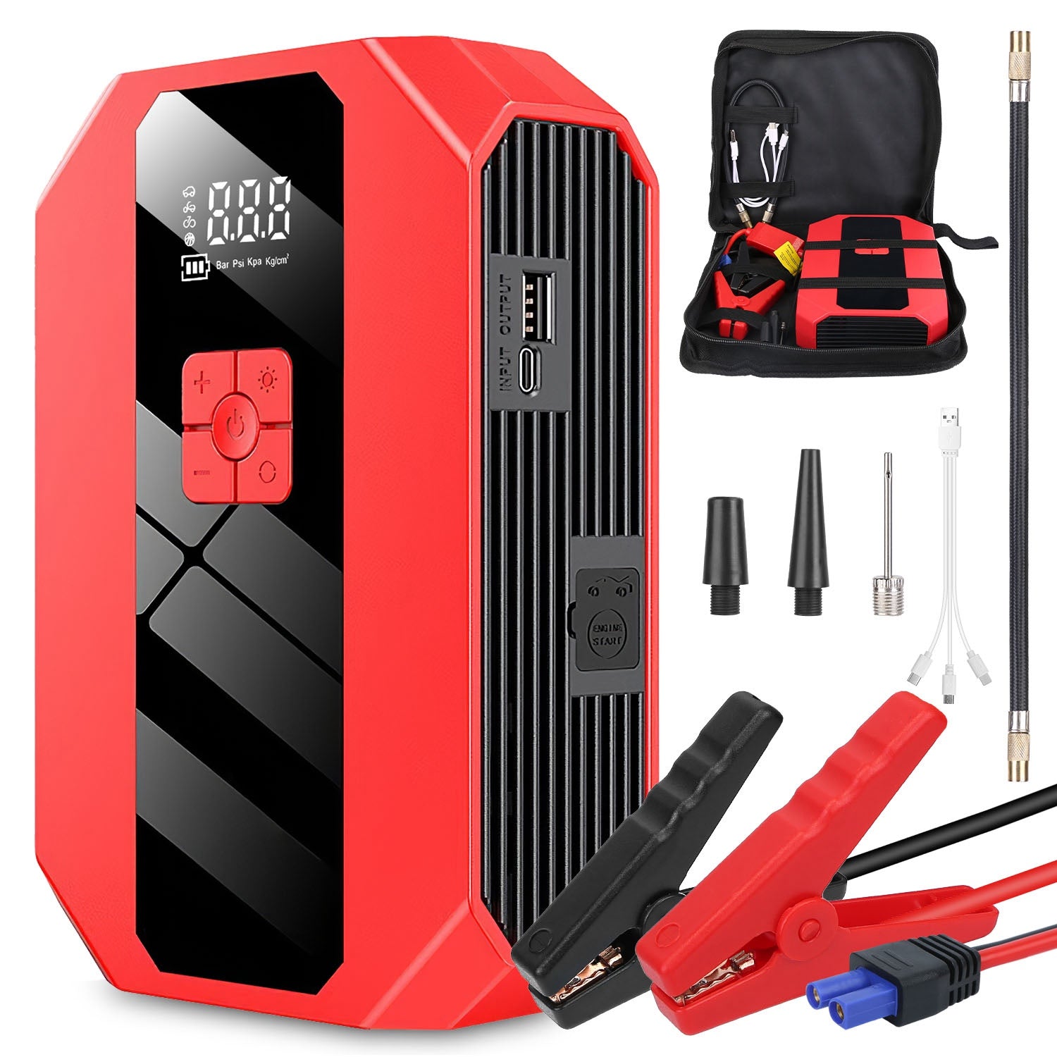 1Pc Portable Car Jump Starter Air Compressor 1500A 400PSI Car Battery Charger Jump Starter Power Bank LED Flashlight Digital Tire Inflator For 4.0L Gasoline Or 2.0L Diesel Engine