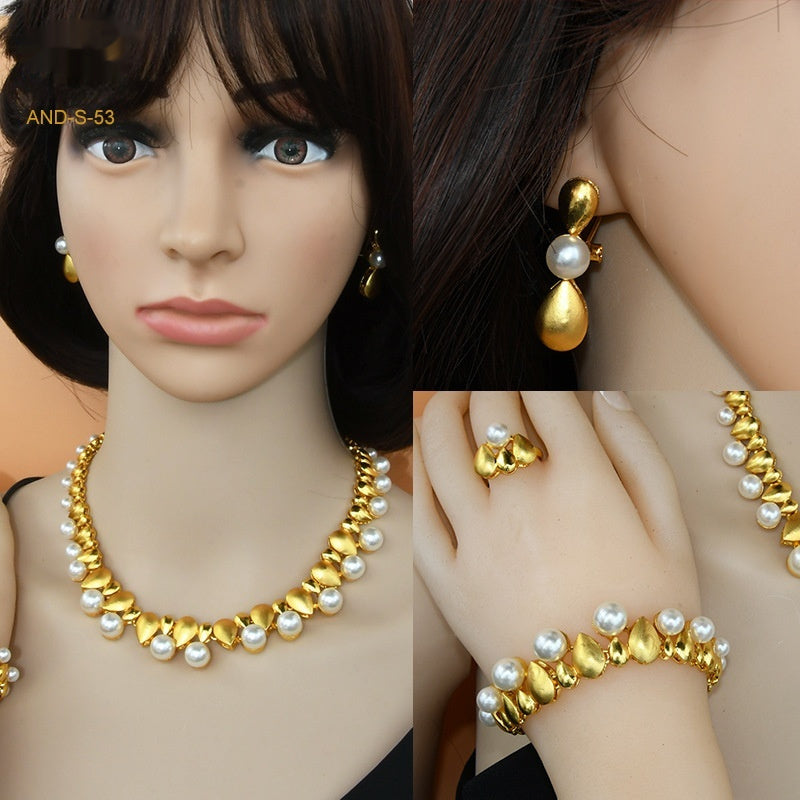 Women's Zircon Pearl Necklace Ring Earring Bracelet Four-piece Set