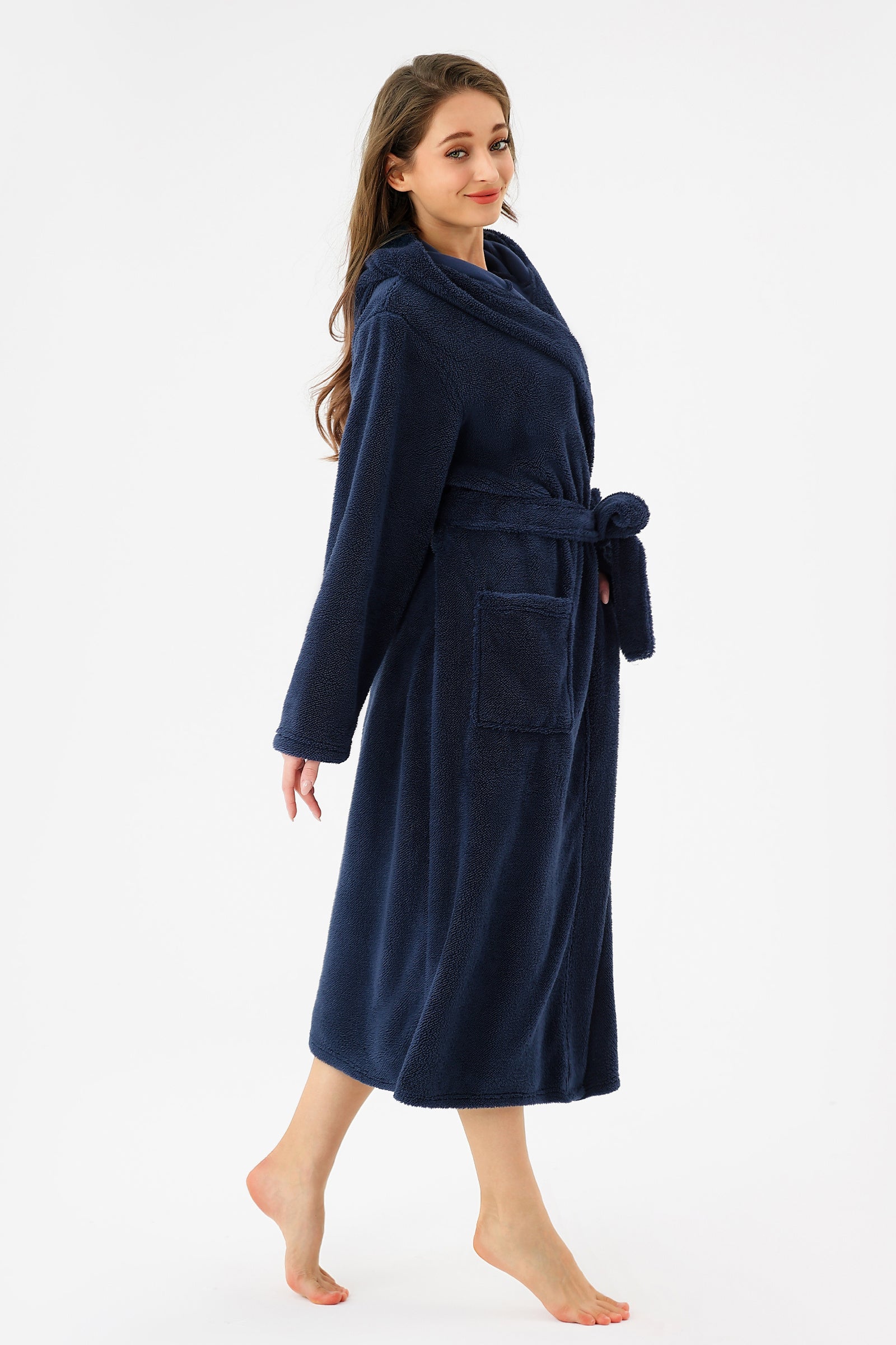 RONGTAI Womens Hooded Robe Long Plush Fleece Bathrobe With Pockets Nightwear S-XXL