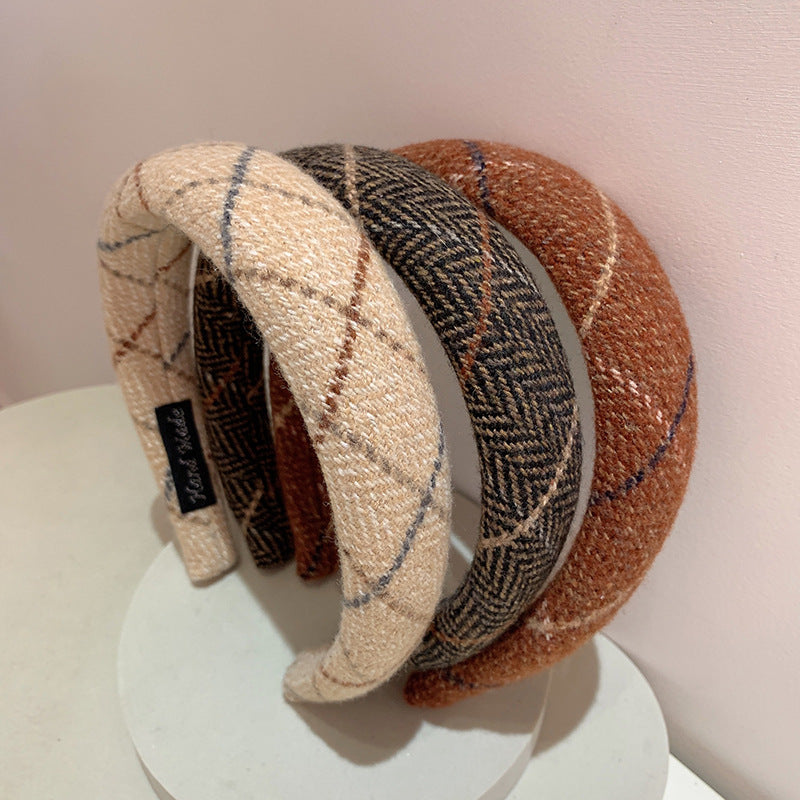 Gentle Temperament Warm Tone Plaid Woolen High Skull Top Sponge Headband