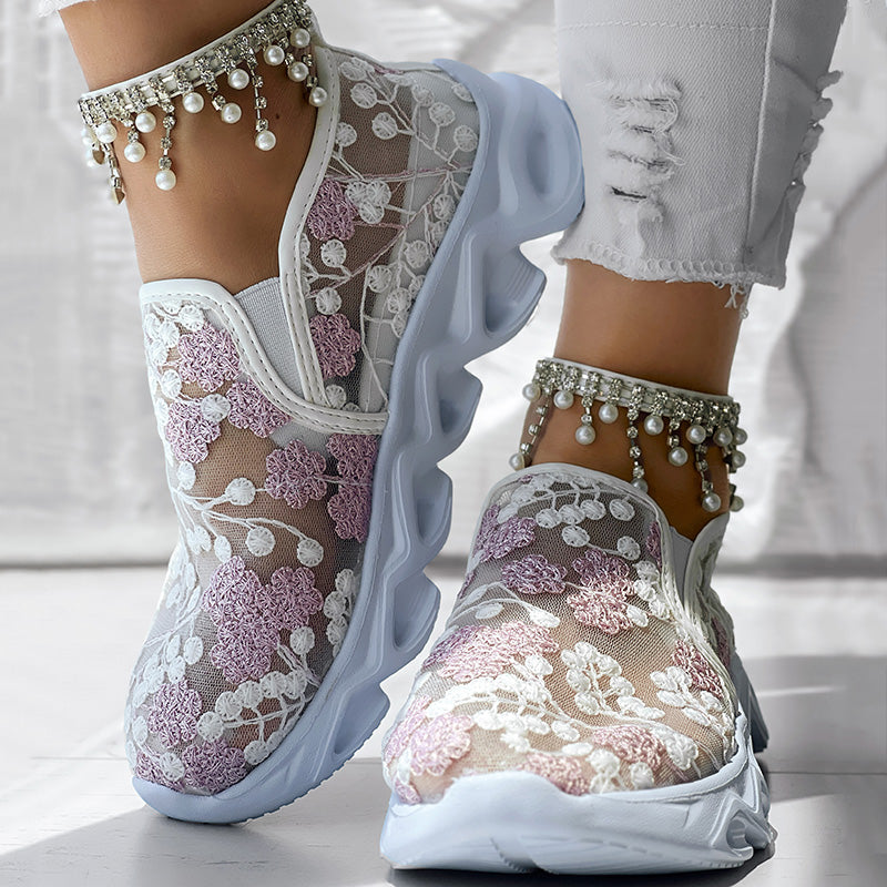 Contrast Glitter Transparent Mesh Patch Breathable Sneakers - Without Ankle Strap