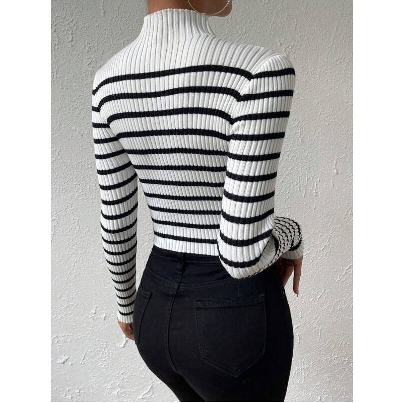 Fashion Long Sleeve Sunken Stripe Turtleneck Casual Slim Striped Sweater