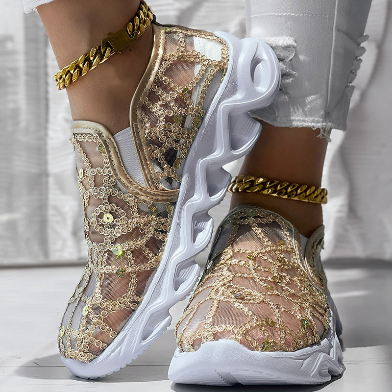 Contrast Glitter Transparent Mesh Patch Breathable Sneakers - Without Ankle Strap