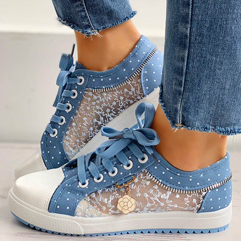 Floral Embroidered Polka Dot Print Sneakers
