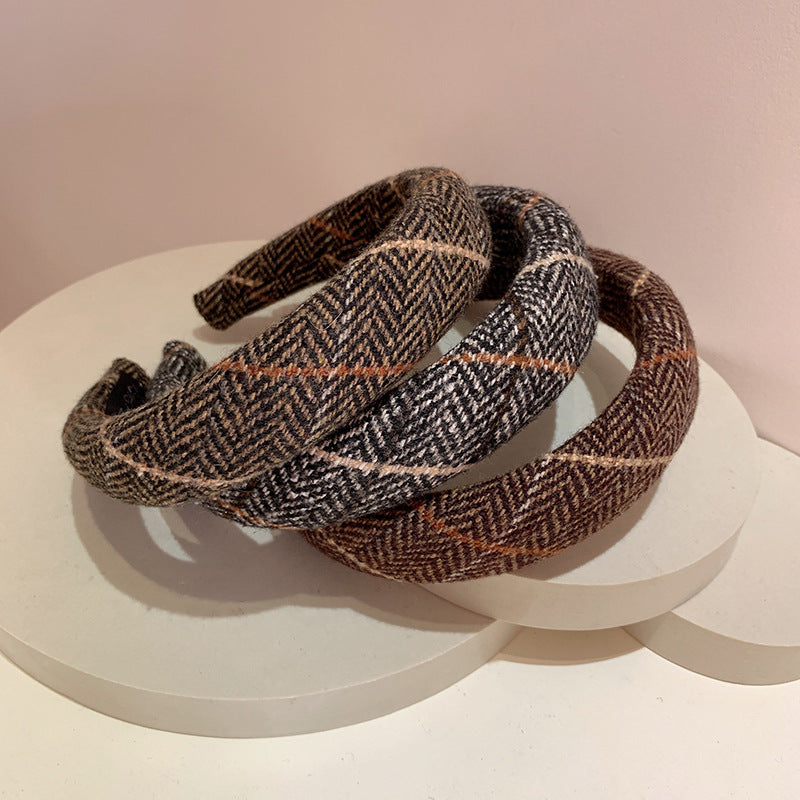Gentle Temperament Warm Tone Plaid Woolen High Skull Top Sponge Headband