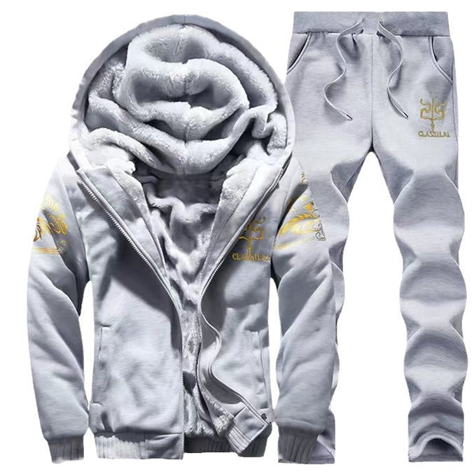 Plus-size Fleece-lined Thick Men's Casual Sport Two-piece Set