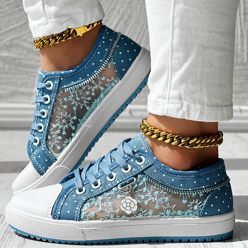 Floral Embroidered Polka Dot Print Sneakers