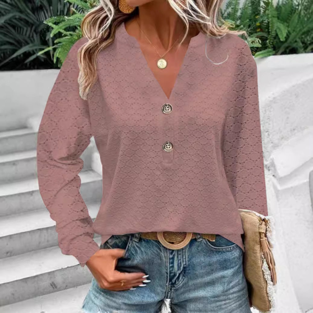 Women's Fashion Casual Solid Color Buttons V-neck Long Sleeve