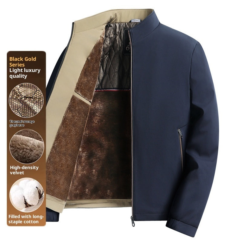 Middle-aged And Elderly Men's Fleece-lined Stand Collar Thickened Mid-aged Graphene Jacket Casual Warm High-end Coat