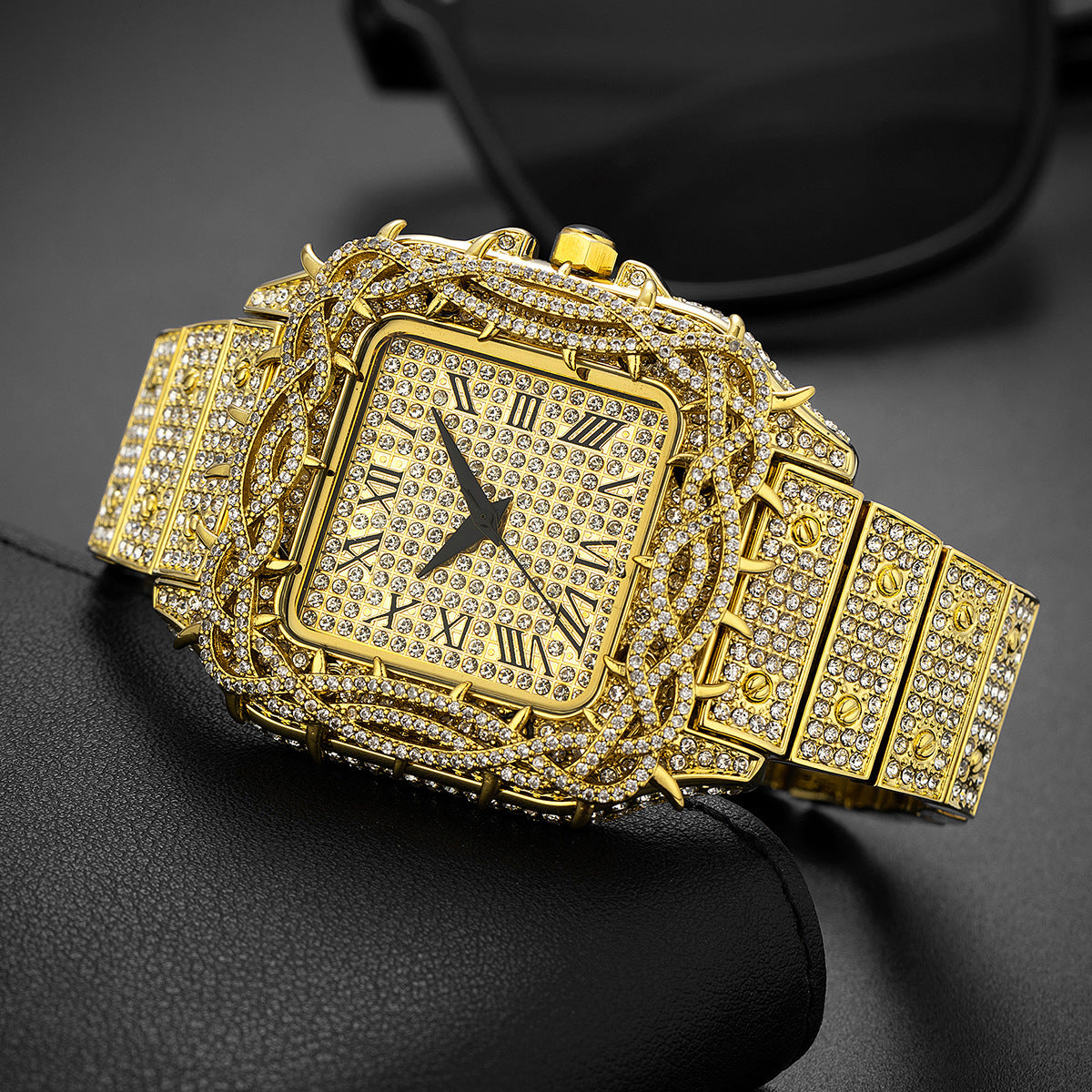 European Hip Hop Ice Watch Thorn Dial Inlaid Zircon Square Full Diamond Men's Quartz Watch