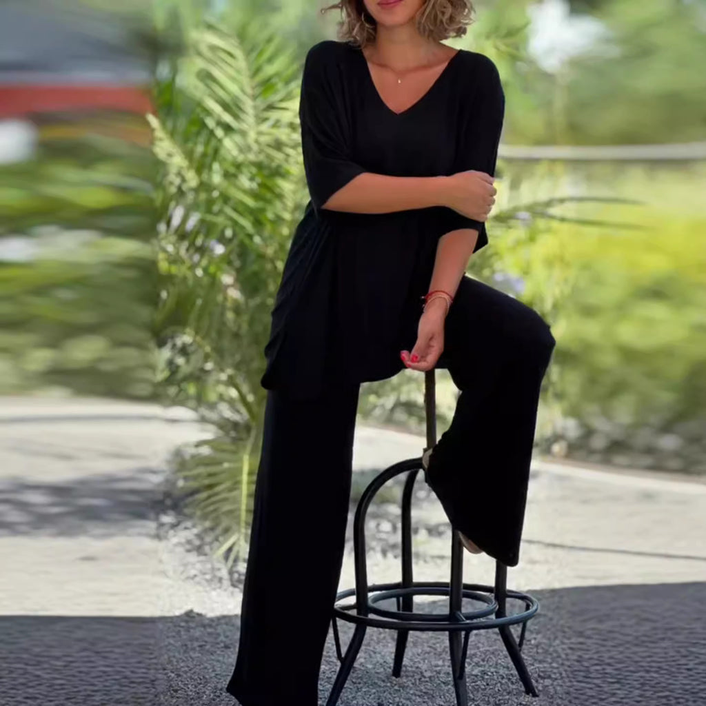 European And American Knitwear Top Two-piece Set Casual And Comfortable Baggy Straight Trousers