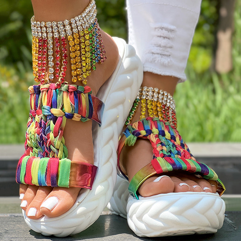 Platform Sandals Summer Braided Knit Hollow Open Toe Slipper Sandals - Anklet Not Included