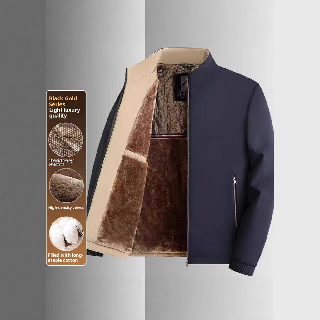 Middle-aged And Elderly Men's Fleece-lined Stand Collar Thickened Mid-aged Graphene Jacket Casual Warm High-end Coat