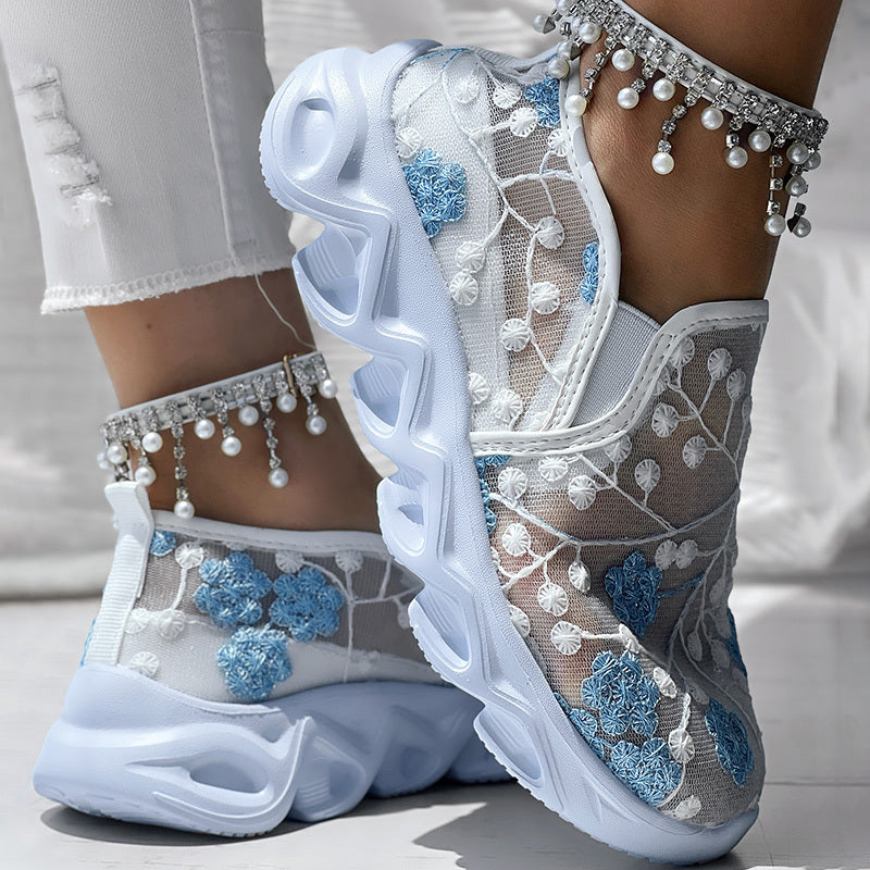 Contrast Glitter Transparent Mesh Patch Breathable Sneakers - Without Ankle Strap