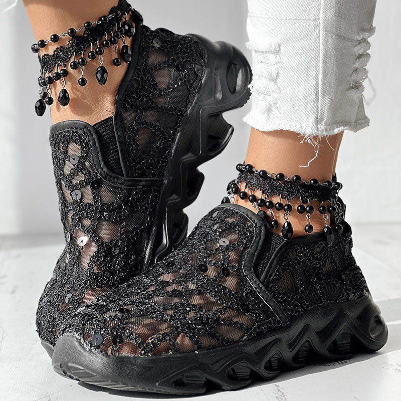 Contrast Glitter Transparent Mesh Patch Breathable Sneakers - Without Ankle Strap